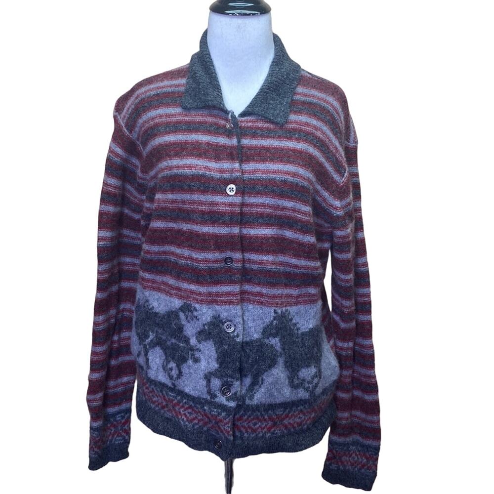 Woolrich Wool Button Up Striped Sweater with Running Horses Size Large